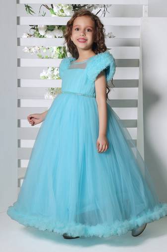 blue pleated yoke gown with gather puff sleeve net gown for girls
