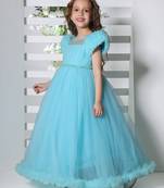 blue pleated yoke gown with gather puff sleeve net gown for girls