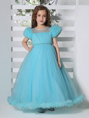 blue pleated yoke gown with gather puff sleeve net gown for girls 2
