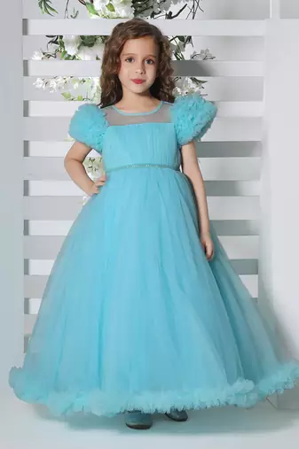 blue pleated yoke gown with gather puff sleeve net gown for girls