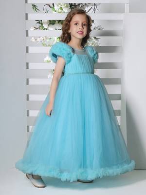 blue pleated yoke gown with gather puff sleeve net gown for girls 3