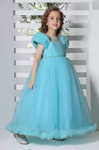 blue pleated yoke gown with gather puff sleeve net gown for girls
