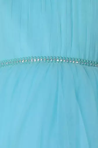 blue pleated yoke gown with gather puff sleeve net gown for girls
