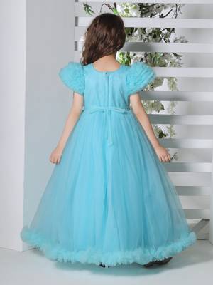 blue pleated yoke gown with gather puff sleeve net gown for girls 5
