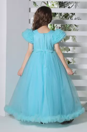 blue pleated yoke gown with gather puff sleeve net gown for girls