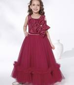red 3d floral applique sleeveless solid net gown for girls