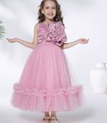 babypink 3d floral applique sleeveless solid net gown for girls