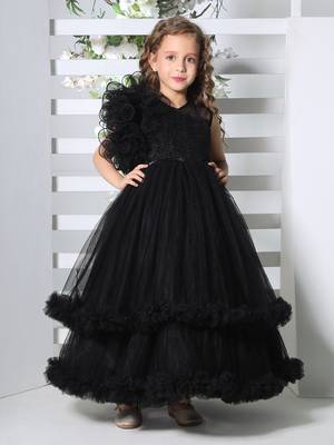 black double layer frilled party net gown for girls 1
