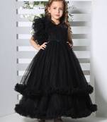 black double layer frilled party net gown for girls