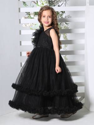 black double layer frilled party net gown for girls 2