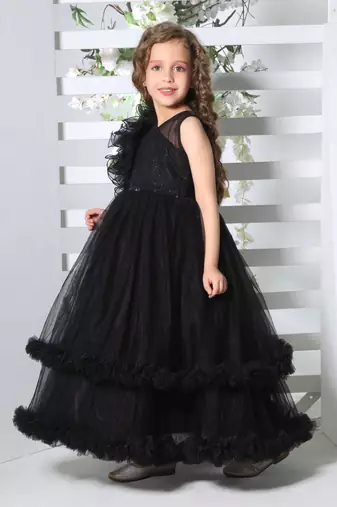 black double layer frilled party net gown for girls