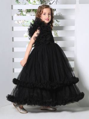 black double layer frilled party net gown for girls 3