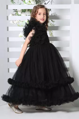 black double layer frilled party net gown for girls
