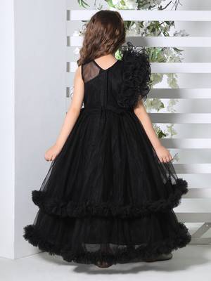 black double layer frilled party net gown for girls 4