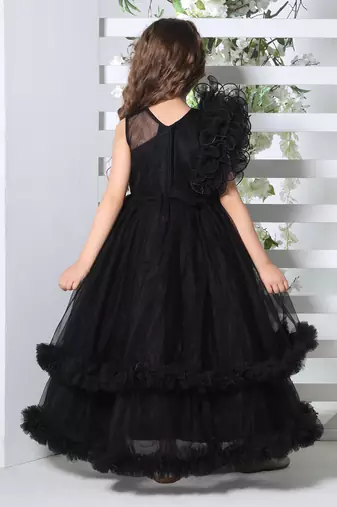 black double layer frilled party net gown for girls