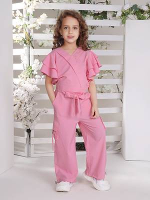 pink bell sleeves wrap style solid embriodered coord set 1