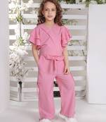 pink bell sleeves wrap style solid embriodered coord set
