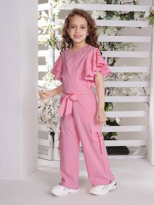pink bell sleeves wrap style solid embriodered coord set 2