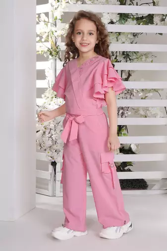 pink bell sleeves wrap style solid embriodered coord set