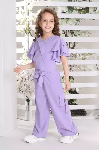 lilac bell sleeves wrap style solid embriodered coord set