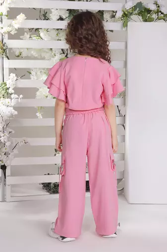 pink bell sleeves wrap style solid embriodered coord set