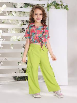 green all over printed tie up jacket coord set 1
