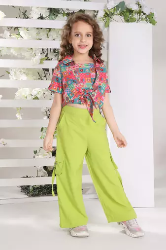 green all over printed tie up jacket coord set