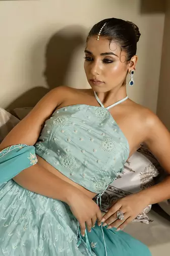 Firozi Pearl Work Lehenga Set