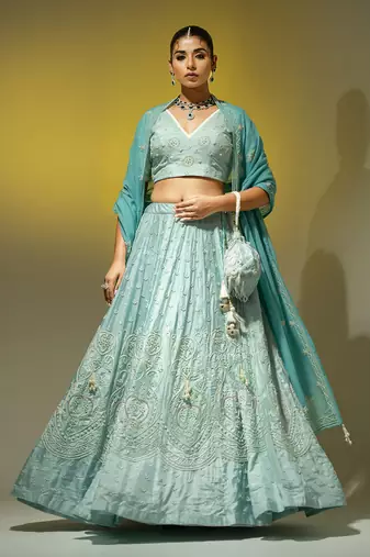 Aqua Blue Pearl Work Lehenga Set