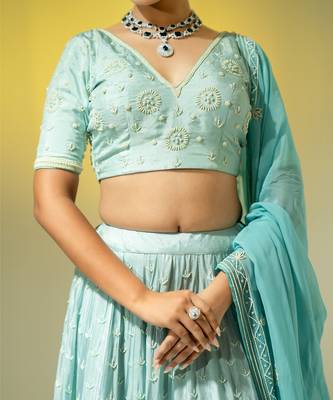 Aqua Blue Pearl Work Lehenga Set 3