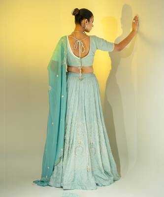 Aqua Blue Pearl Work Lehenga Set 4