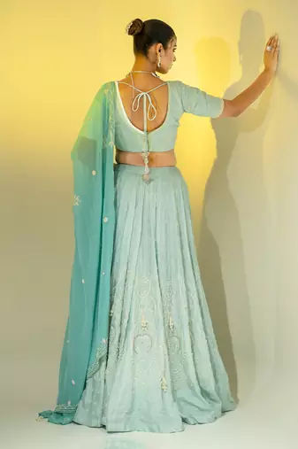 Aqua Blue Pearl Work Lehenga Set