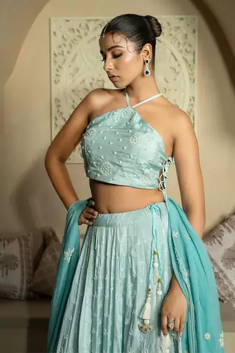 Firozi Pearl Work Lehenga Set