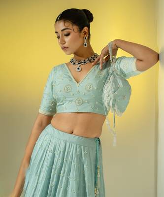 Aqua Blue Pearl Work Lehenga Set 5