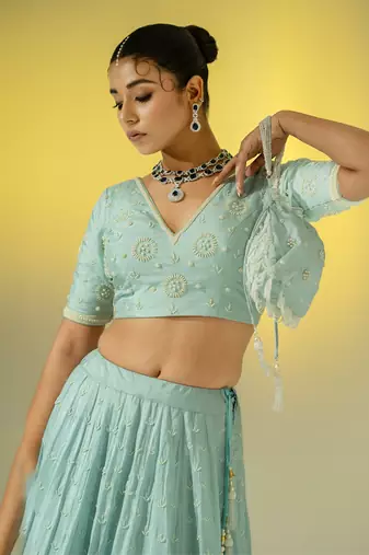 Aqua Blue Pearl Work Lehenga Set
