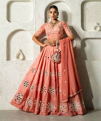 Peach Mirror Work Lehenga Set 1