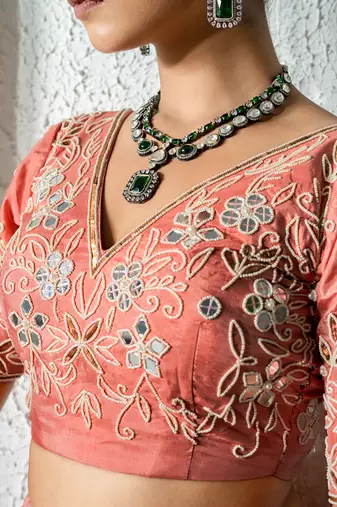 Peach Mirror Work Lehenga Set