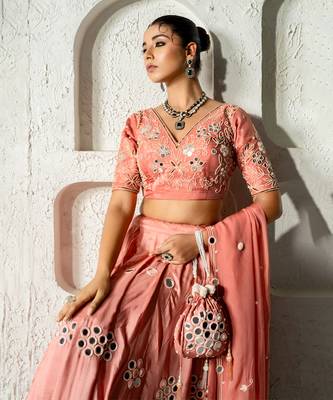 Peach Mirror Work Lehenga Set 3