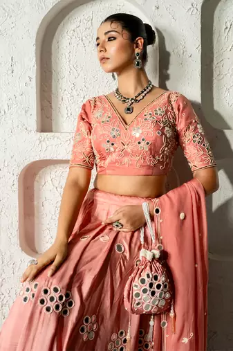 Peach Mirror Work Lehenga Set