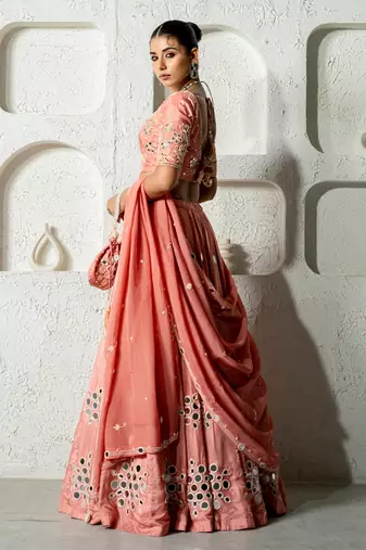 Peach Mirror Work Lehenga Set