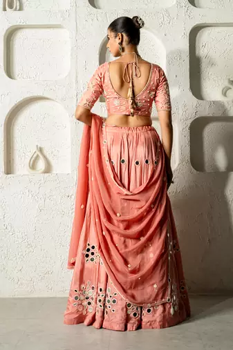 Peach Mirror Work Lehenga Set