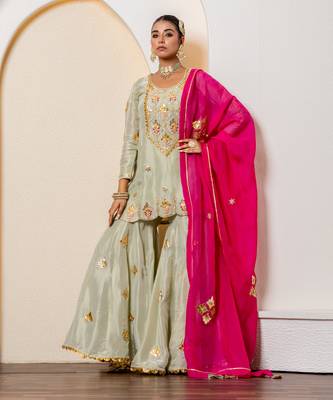 Pista green pure spun silk embroidered sharara set 1