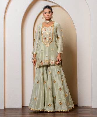 Pista green pure spun silk embroidered sharara set 2