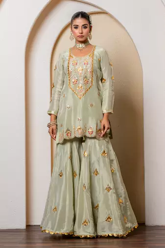 Pista green pure spun silk embroidered sharara set