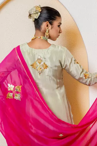 Pista green pure spun silk embroidered sharara set