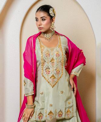 Pista green pure spun silk embroidered sharara set 4