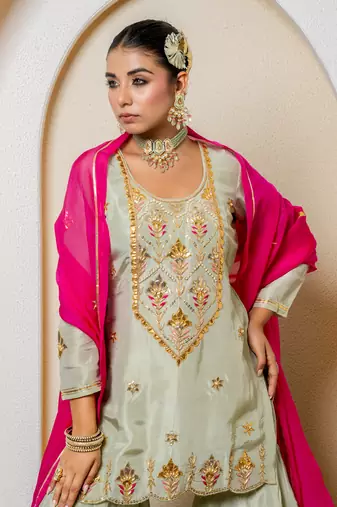 Pista green pure spun silk embroidered sharara set