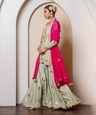 Pista green pure spun silk embroidered sharara set 5