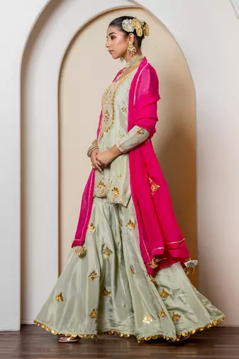 Pista green pure spun silk embroidered sharara set