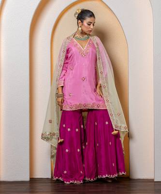 pink silk sharara set with embroidered work 1